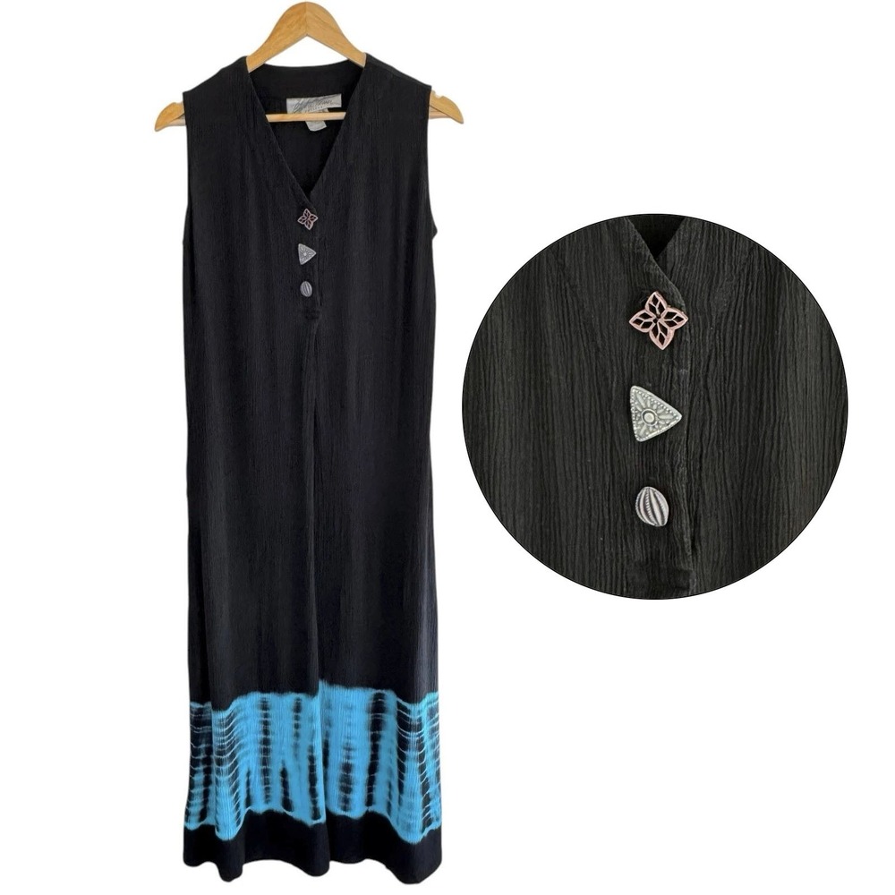 Vintage Barbaraā Lesser Tie Dye Midi Dress Sleeveless Petite S Black Crinkle USA